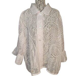 Sheer White Button-Down Blouse With Textured Abstract Pattern 3/4 Ruffled Sleeve